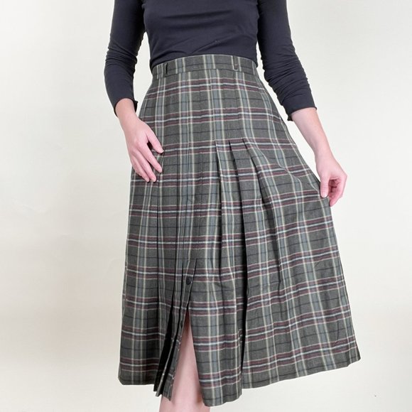 Vintage Dresses & Skirts - Vintage High Rise Pleated Plaid Midi Skirt Preppy Light Dark Academia Kilt Check